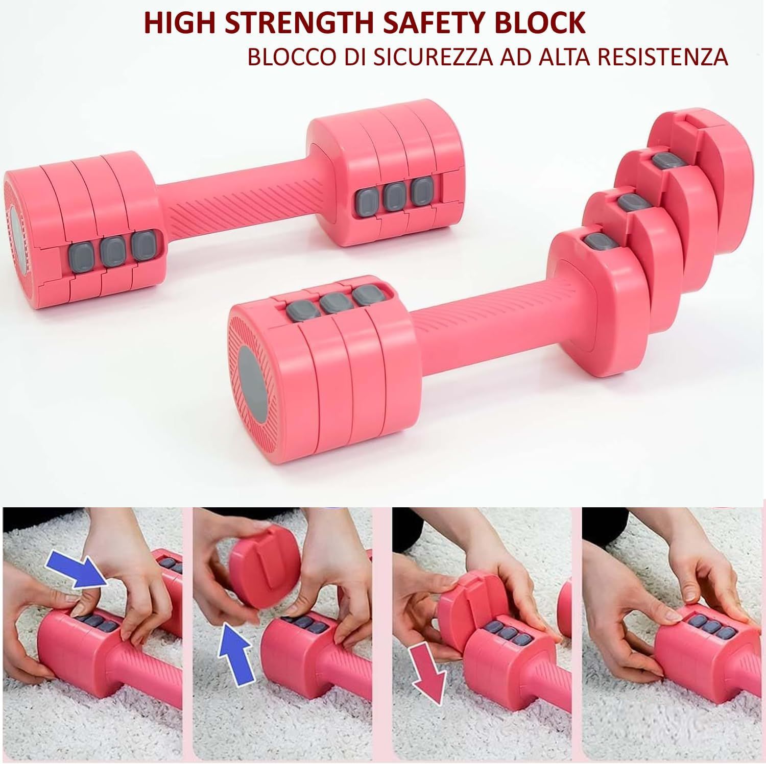 Due manubri rosa. Testo: 'High strength safety block'. Illustrazioni che mostrano l'assemblaggio. Pulsanti grigi per la regolazione del peso.
