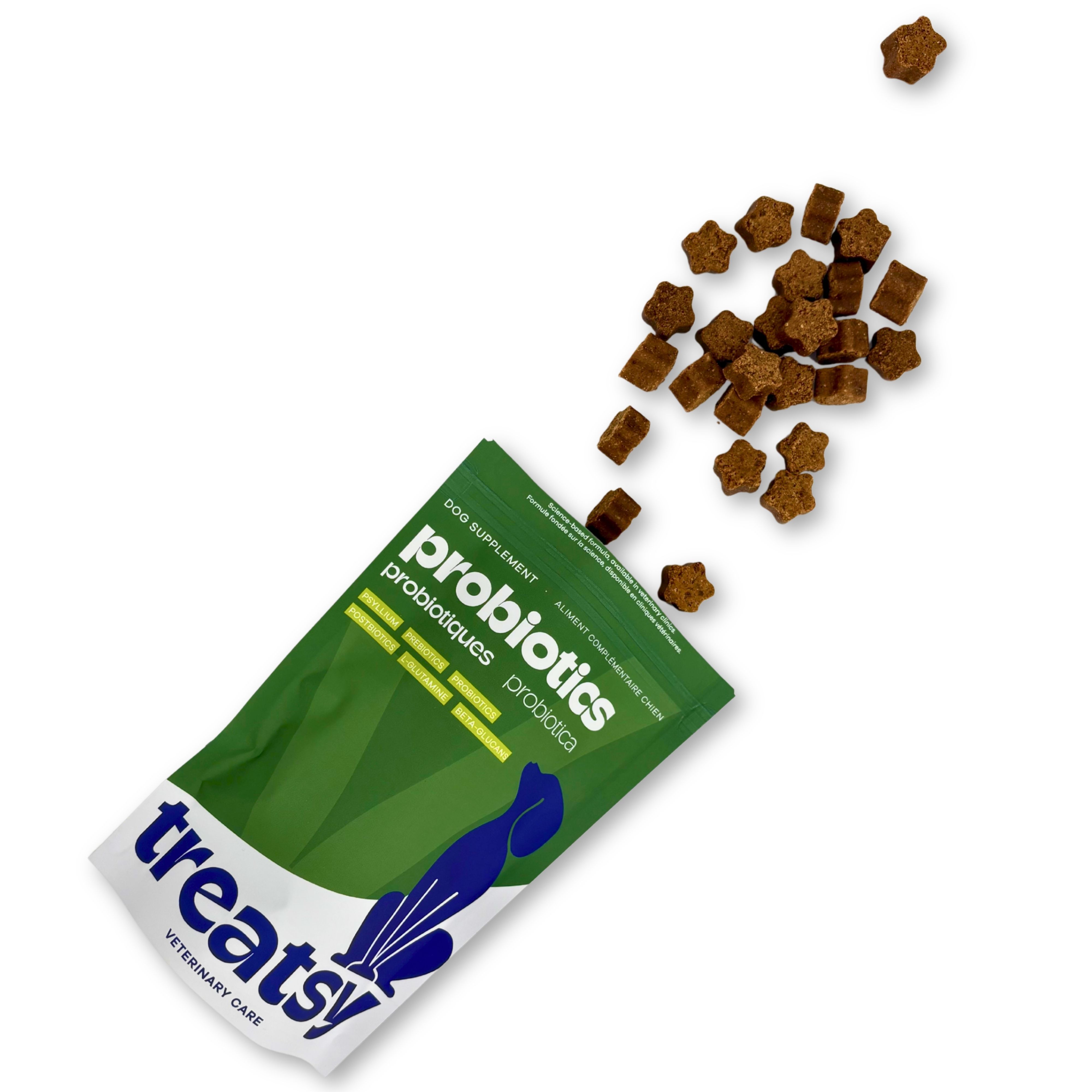 Barattolo verde «Treatsy Probiotiques» con informazioni. Confezione riciclabile al 100%. Prodotto in Europa.