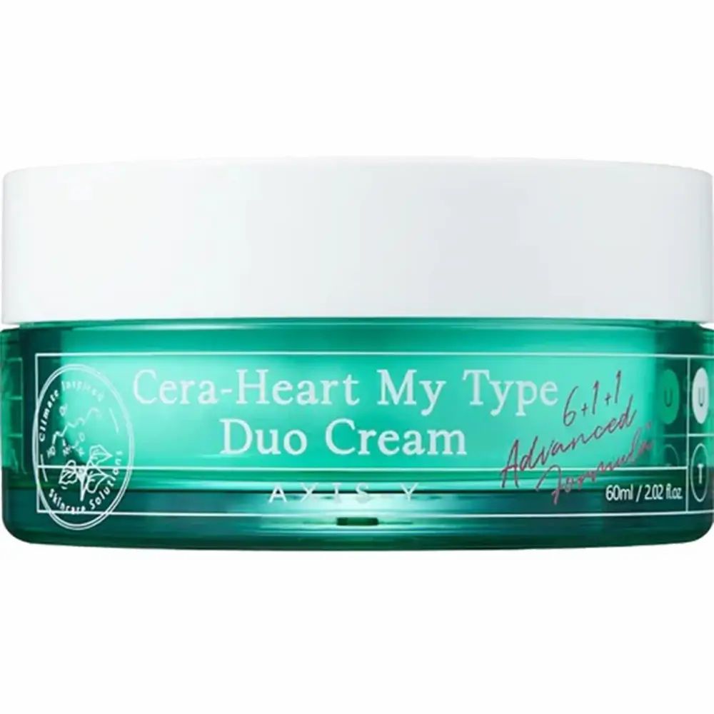 Vaso di crema verde con coperchio bianco. Scritta: Cera-Heart My Type Duo Cream. Marchio: AXIS-Y. 60ml/2.02 fl.oz.