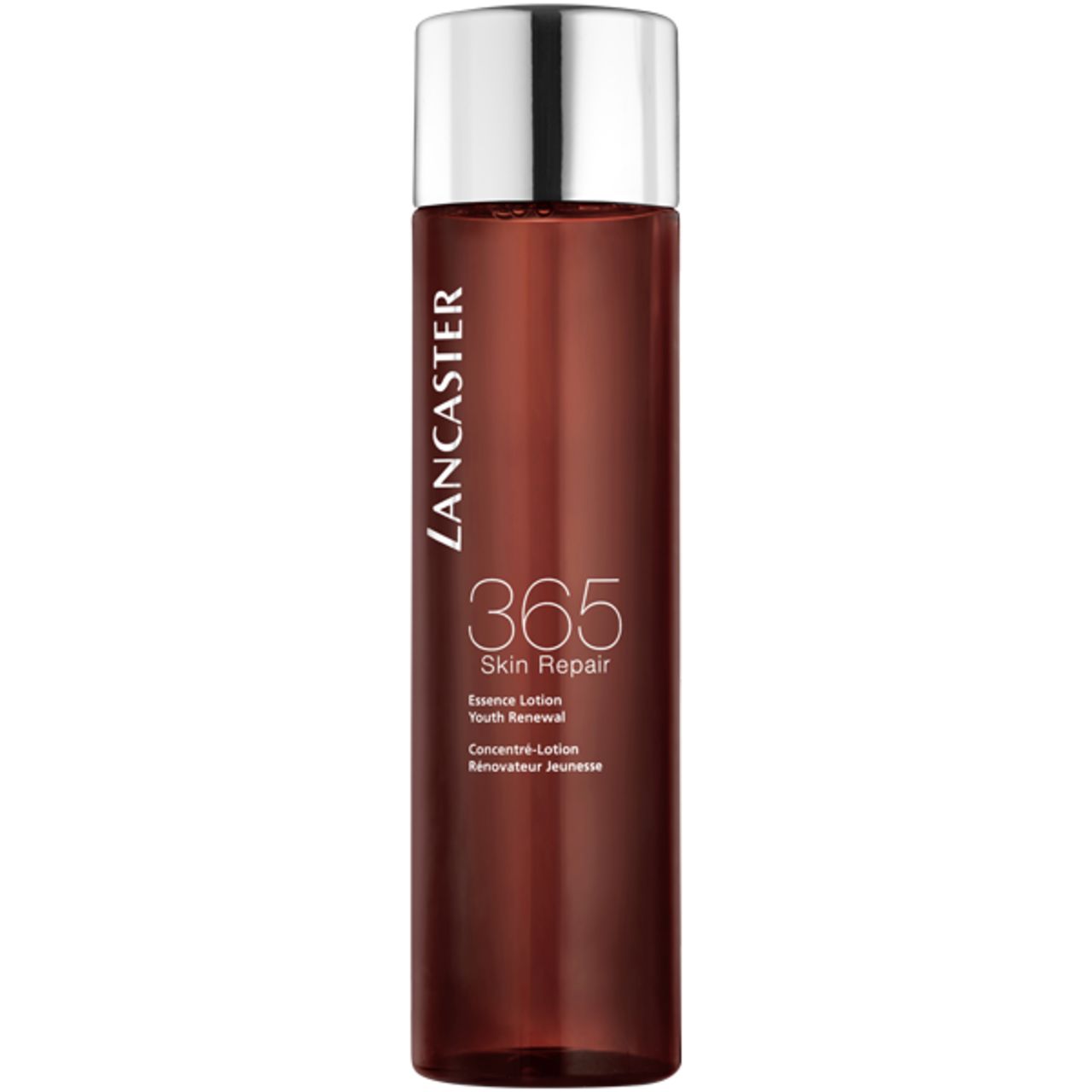 Lancaster 365 Skin Repair Essence Lotion. Flacone marrone con tappo argentato. Nome e dettagli del prodotto sul flacone.