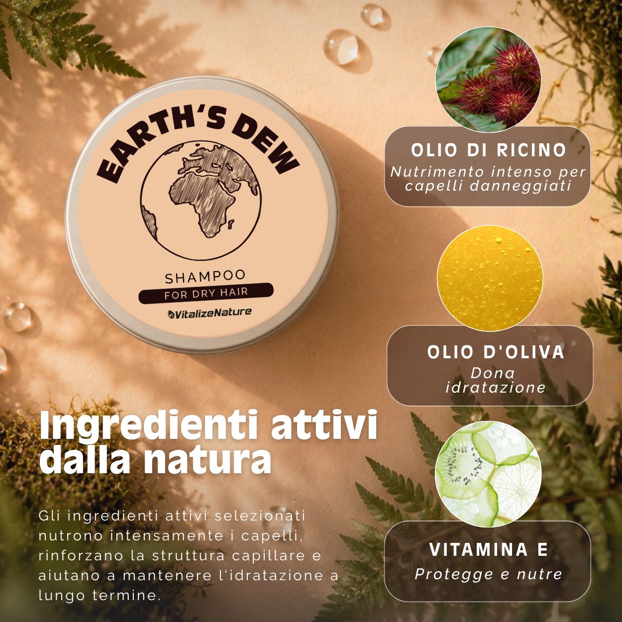 VitalizeNature Earth's Dew Shampoo Bar – Per capelli secchi con olio di ricino