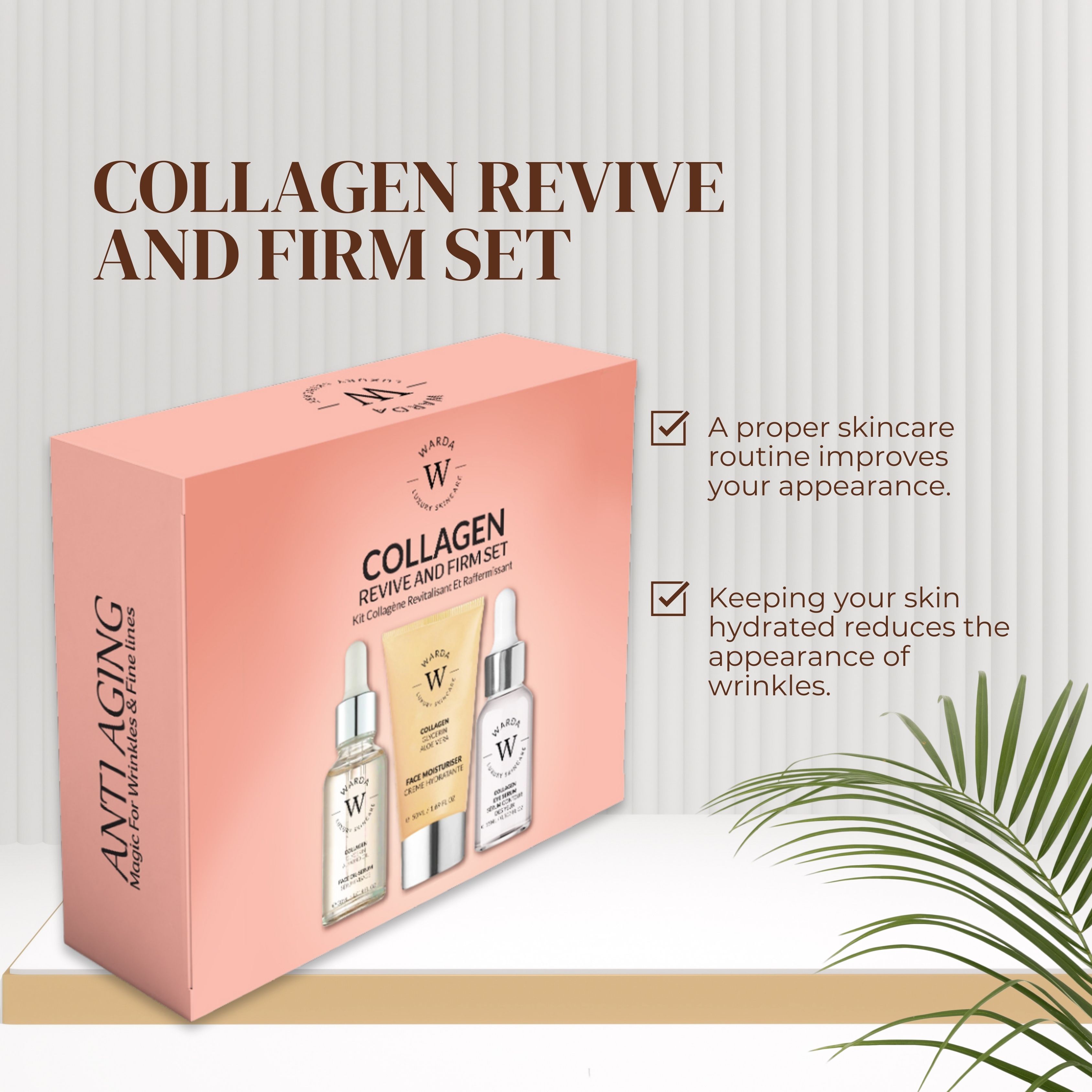 Set Warda COLLAGENSKIN LIFTER SERUM. Scatola rosa con flaconi di siero e crema. Scritta: COLLAGEN REVIVE AND FIRM SET.
