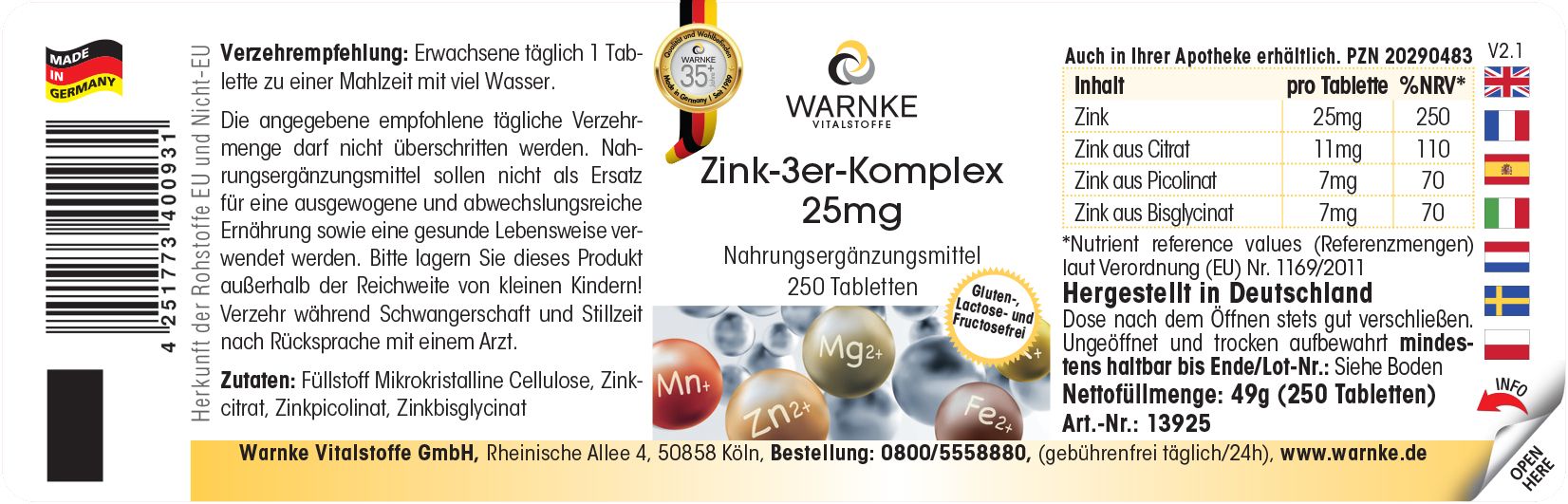 Etichetta del flacone Zink-3er-Komplex. Scritta: Warnke Vitalstoffe, 25mg, 250 compresse. Ingredienti e informazioni produttore.