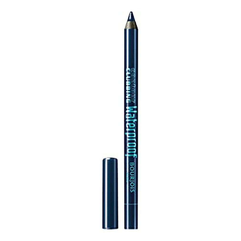 Matita occhi blu con punta nera e cappuccio rimosso. Scritta: Contour Clubbing Waterproof Bourjois.