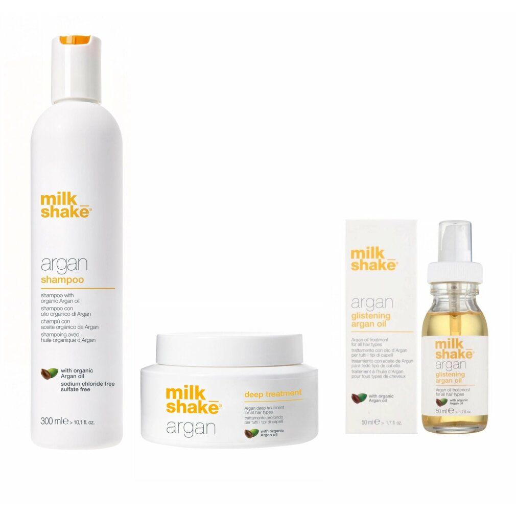 Quattro prodotti: shampoo, olio, crema e olio. Scritta: milk_shake argan. Con olio di argan. Design bianco.