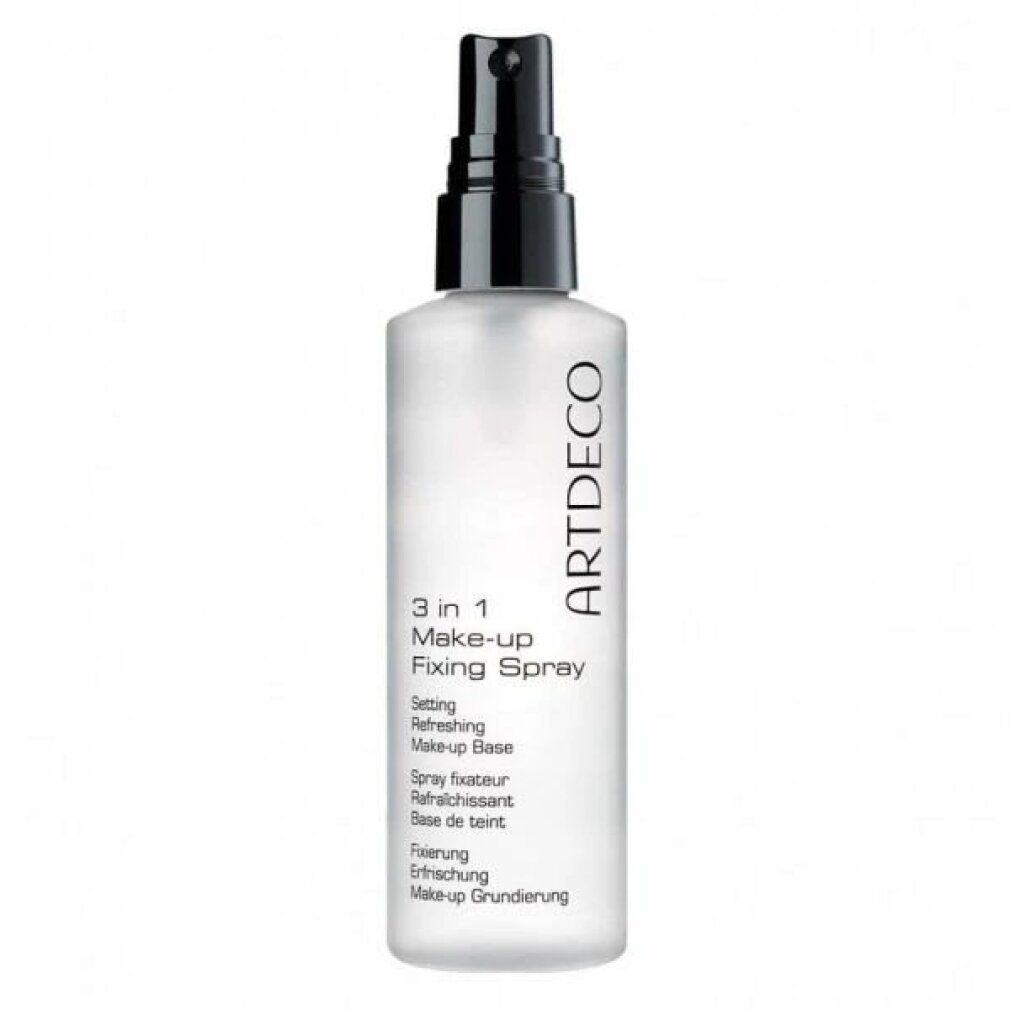 Spray fissante trucco Artdeco. Flacone trasparente con erogatore nero. Testo: 3 in 1 Make-up Fixing Spray.