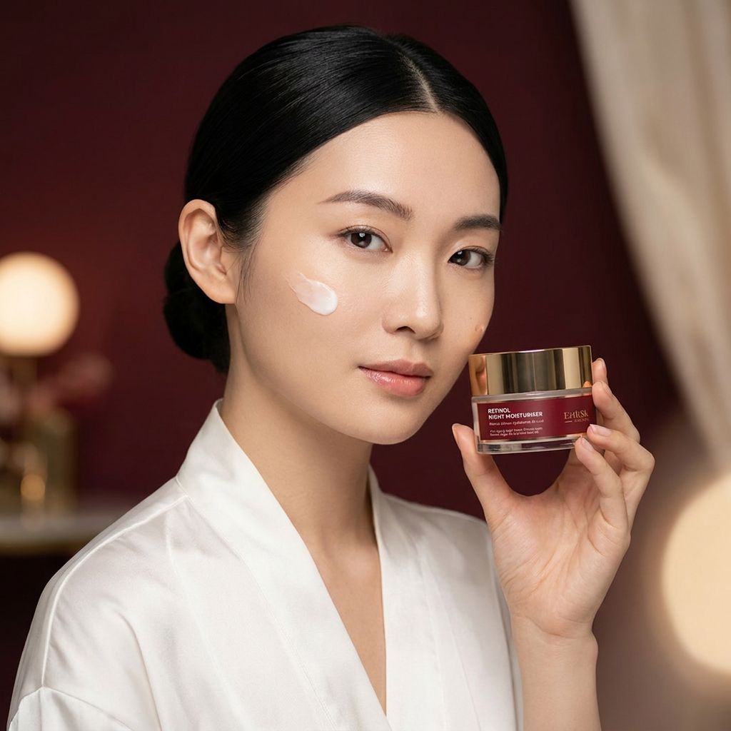 Donna con un tocco di crema notte idratante ErthSkin London Retinol sulla guancia, che tiene il barattolo.