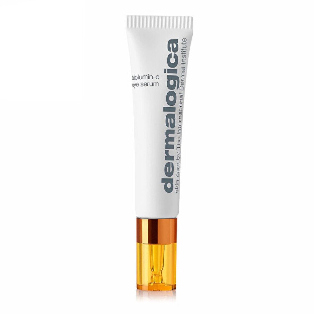 Tubo bianco con tappo dorato. Scritta: biolumin-c eye serum, Dermalogica. Skin care by The International Dermal Institute.