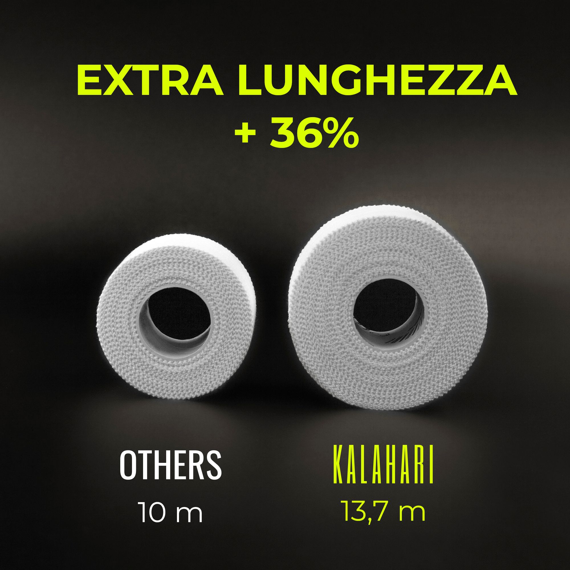 Confronto tra due rotoli di nastro sportivo: uno più piccolo (10m) e uno più grande (13,7m) di KALAHARI.