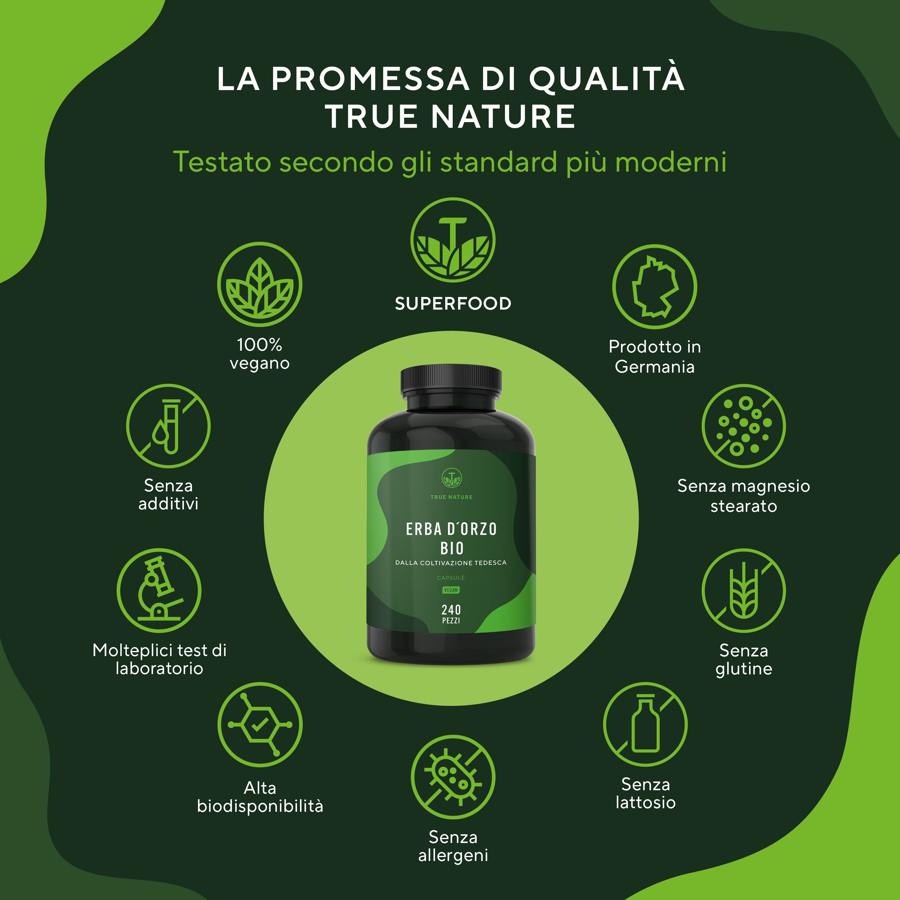 Flacone del prodotto con loghi. Testo: La Promessa di Qualità True Nature. 100% vegano, senza additivi, senza glutine, senza lattosio.