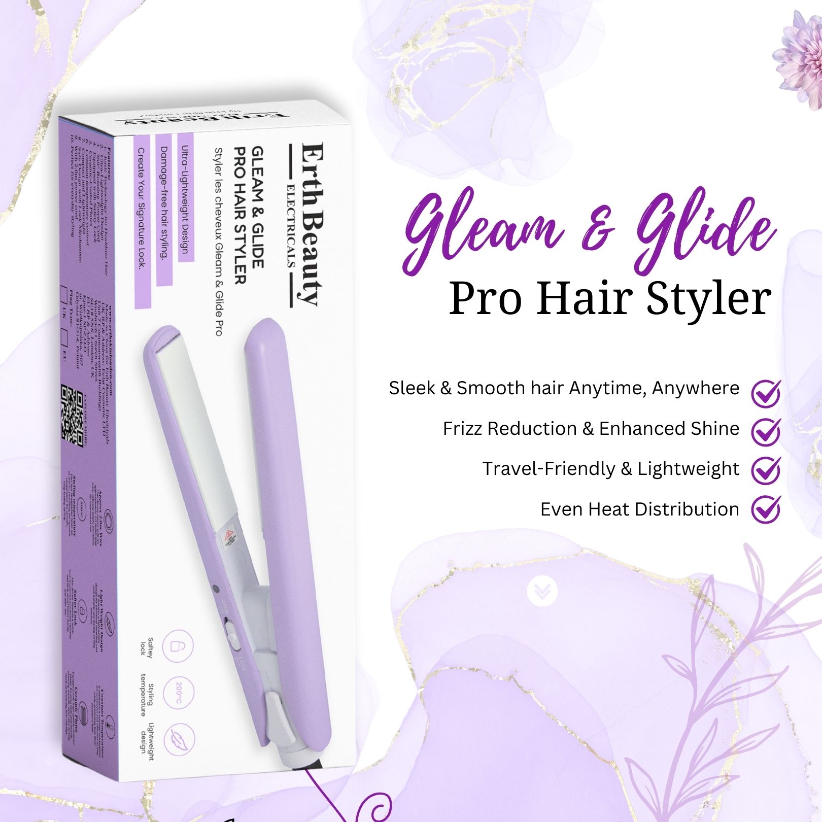 Piastra per capelli nella confezione. Erth Beauty, Gleam & Glide Pro Hair Styler. Lilla e bianco. Design ultraleggero, styling senza danni.