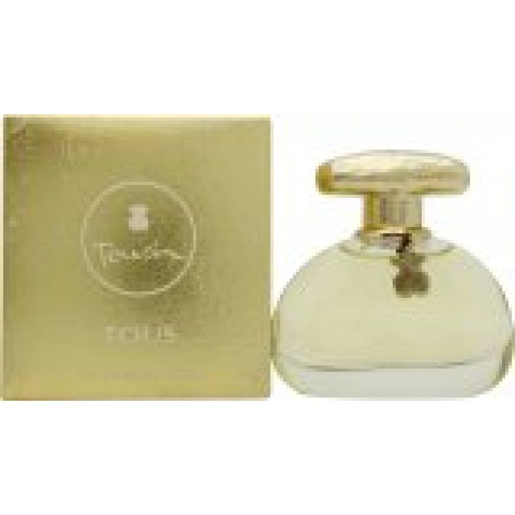 Flacone di profumo e confezione. Flacone dorato con tappo dorato. Confezione con logo e scritta Tous.