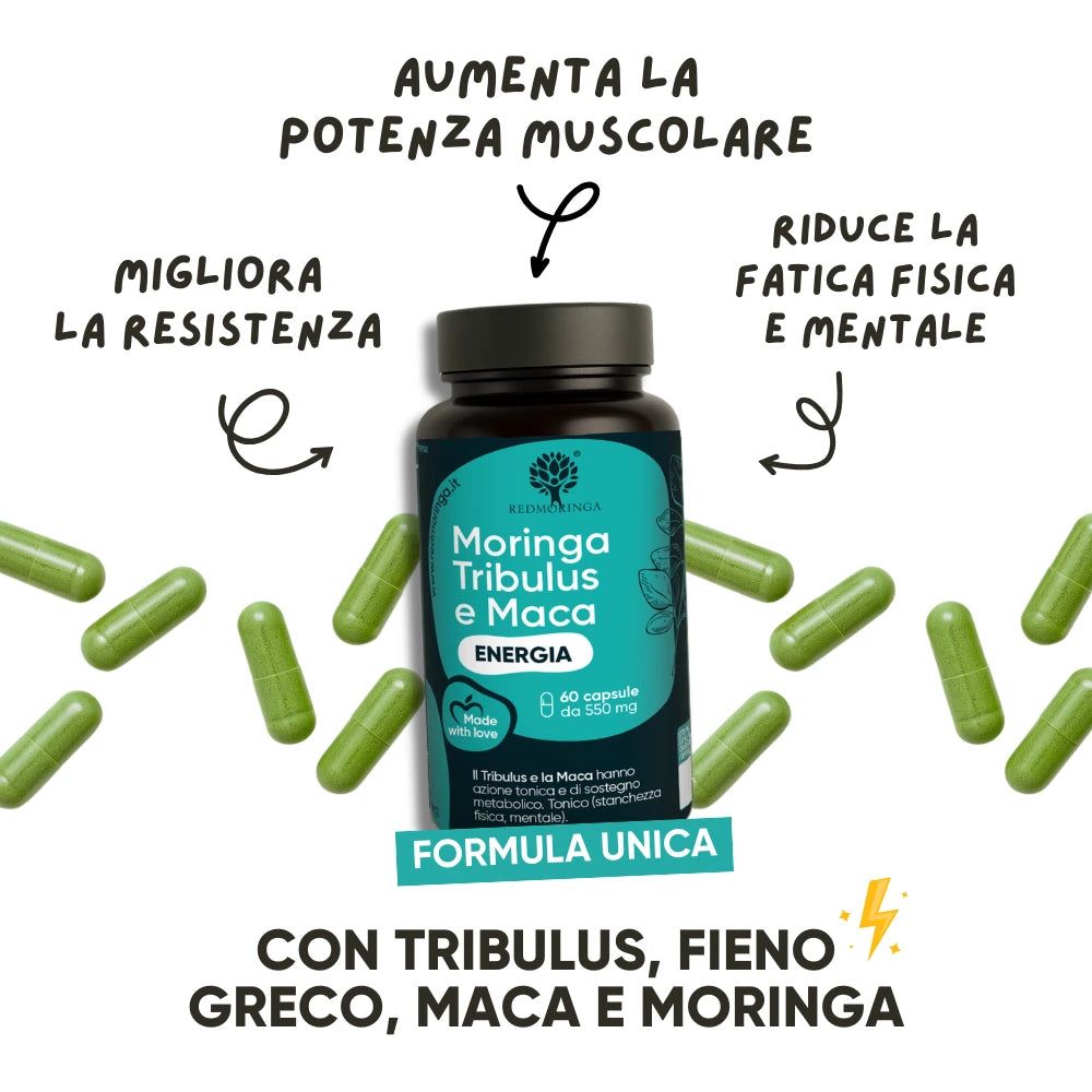 Confezione capsule e capsule verdi. Testo: Moringa Tribulus e Maca ENERGIA. Formula: Con Tribulus, Fieno greco, Maca e Moringa.