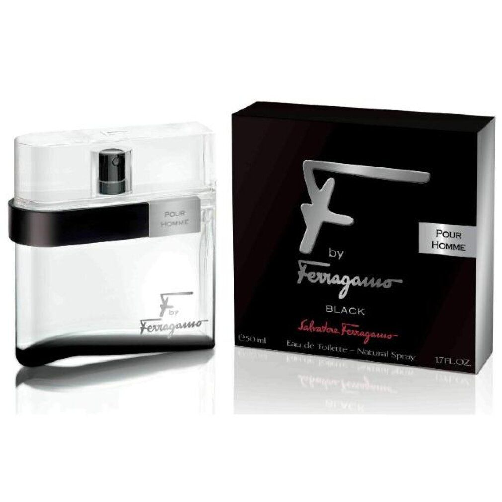 Scatola e flacone neri. Sulla scatola è scritto "F by Ferragamo Black". Il flacone ha una base nera e un tappo trasparente.