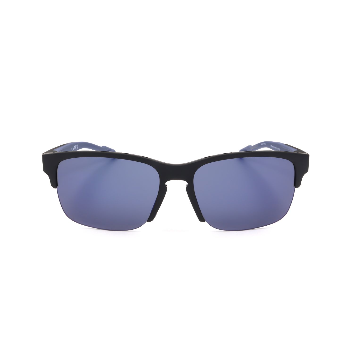 Occhiali da sole neri con lenti blu e montatura a semicerchio.