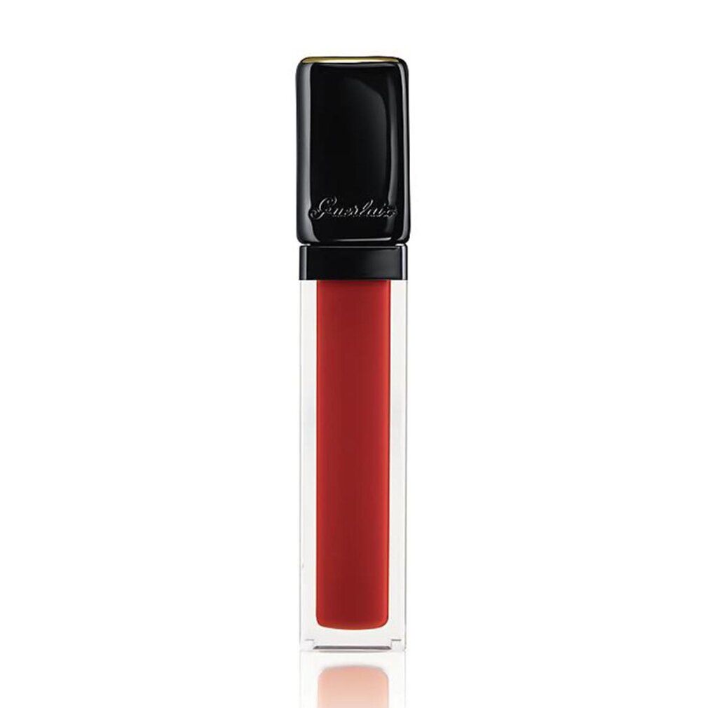 Rossetto rosso in custodia trasparente. Tappo nero con bordo dorato. Logo Guerlain.