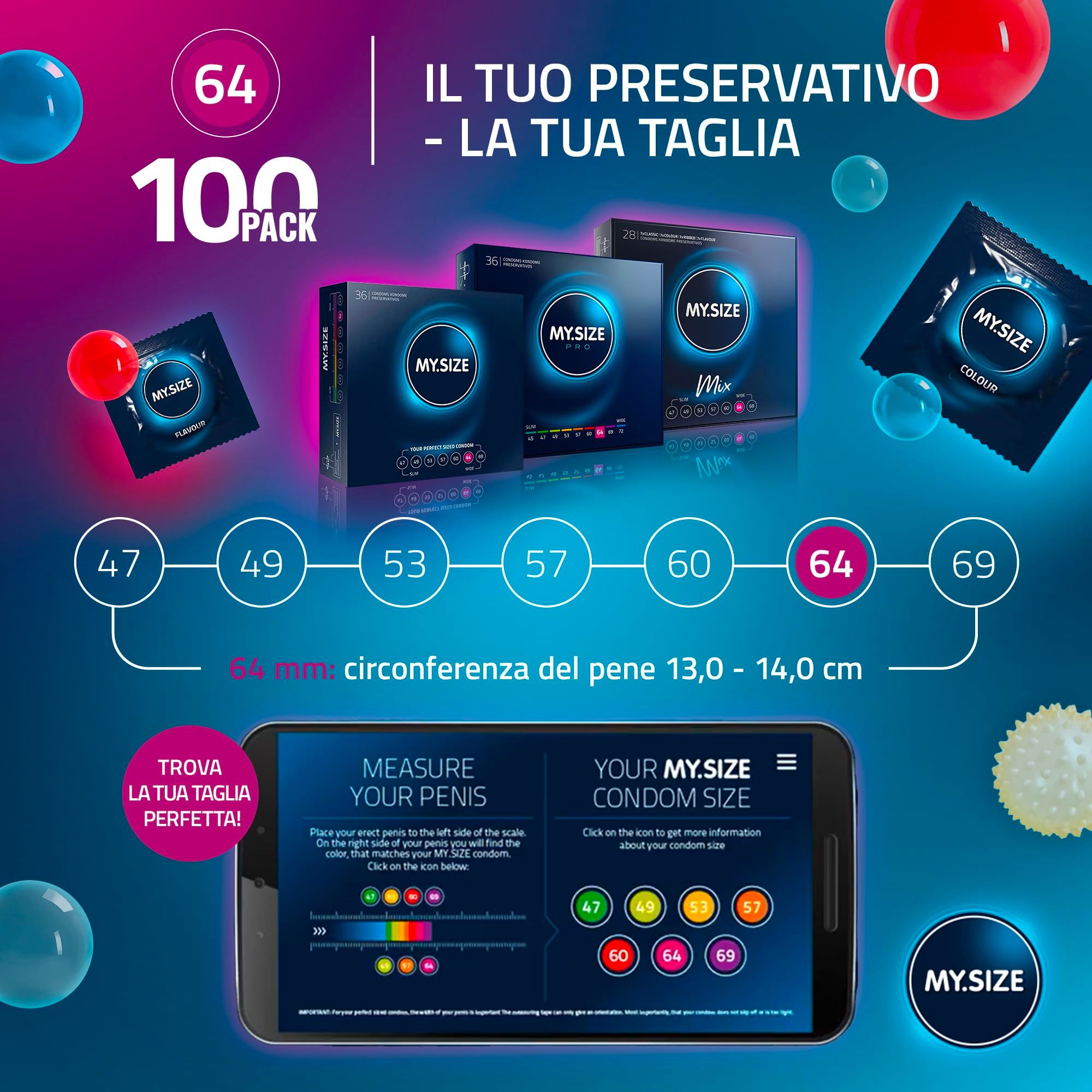Confezione da 100 preservativi MY.SIZE, taglie 47-69, con guida taglie su smartphone.