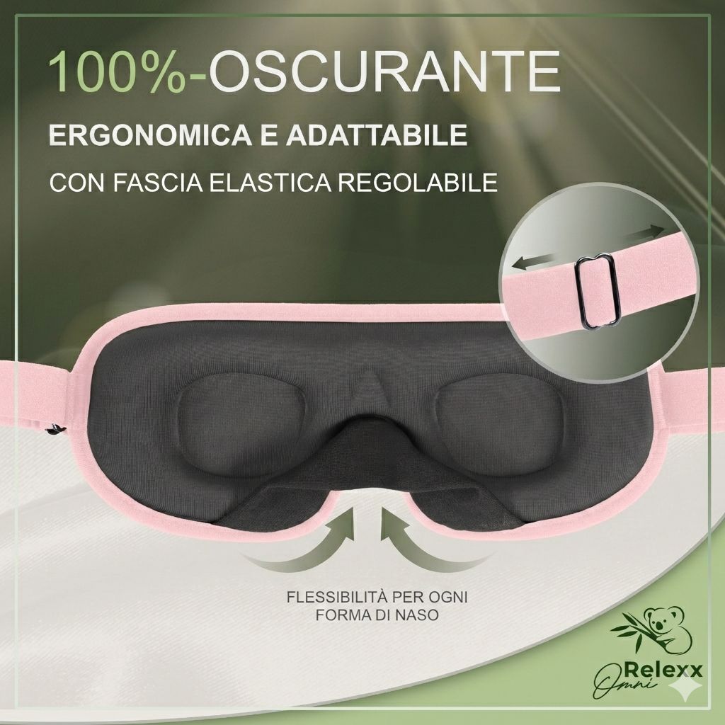 Maschera per dormire rosa. Testo: 100% oscurante, ergonomica, adattabile. Fascia elastica regolabile. Marchio OmniRelexx.