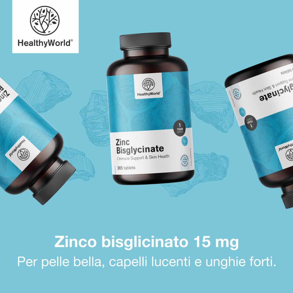 Tre flaconi di Zinco Bisglicinato 15 mg per pelle bella, capelli lucenti e unghie forti.