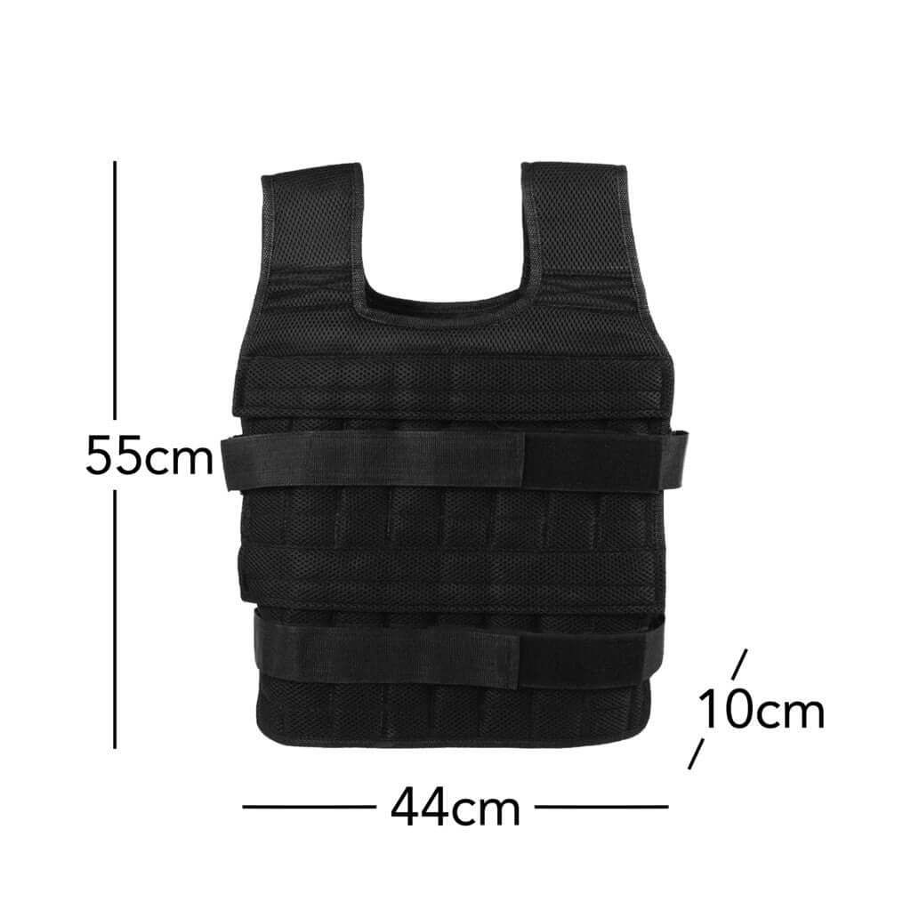 Gilet zavorrato nero. Dimensioni: 55 cm altezza, 44 cm larghezza, 10 cm profondità.