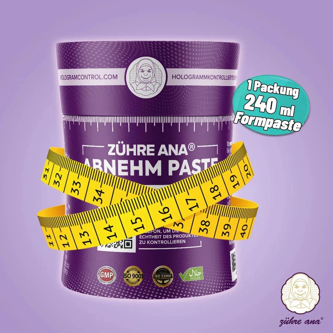 Barattolo cilindrico con metro. Scritta: Zühre Ana Abnehm Paste. 240 ml Formpaste.