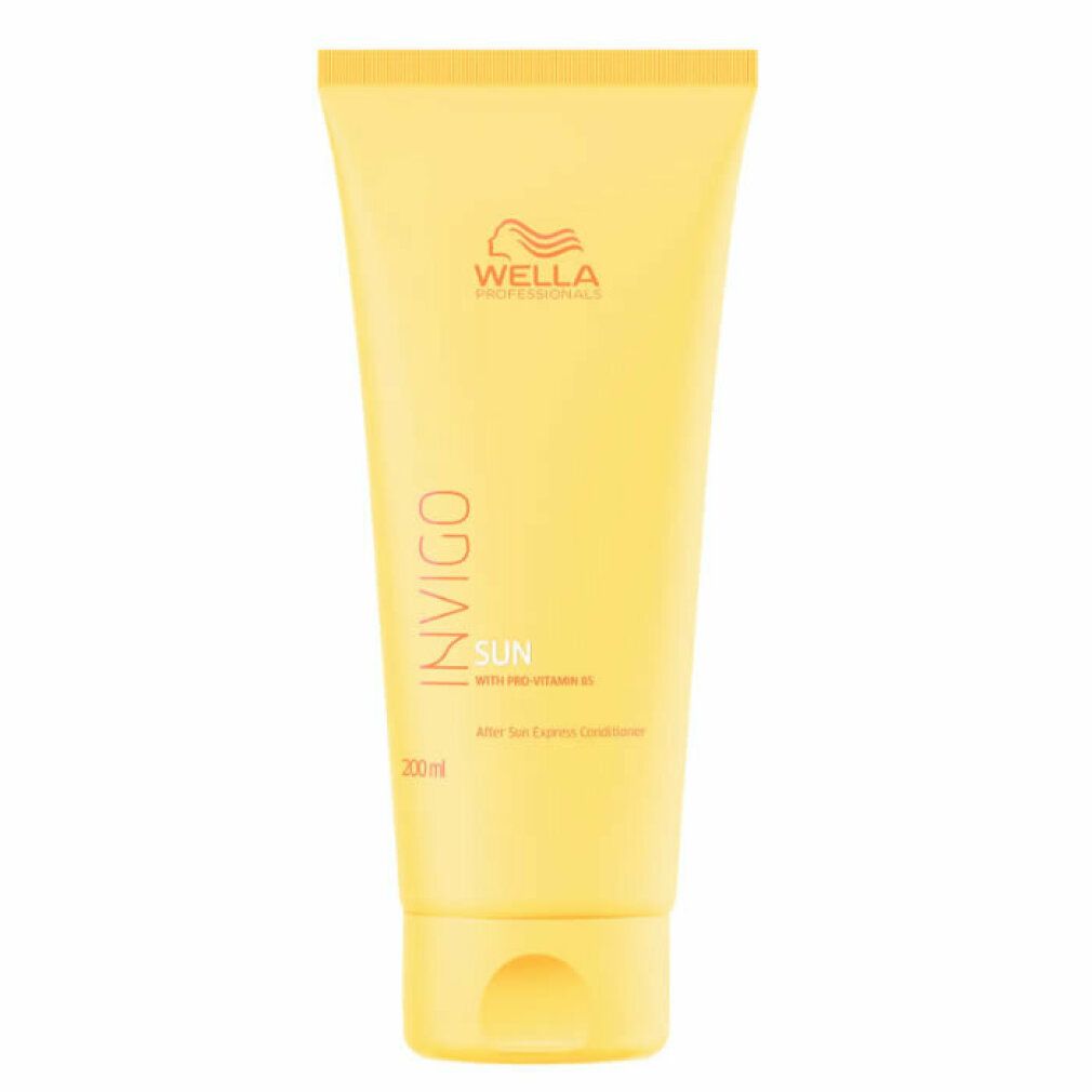 Tubo giallo di Wella Invigo Sun Conditioner. Nome del prodotto, testo e logo visibili. 200ml.