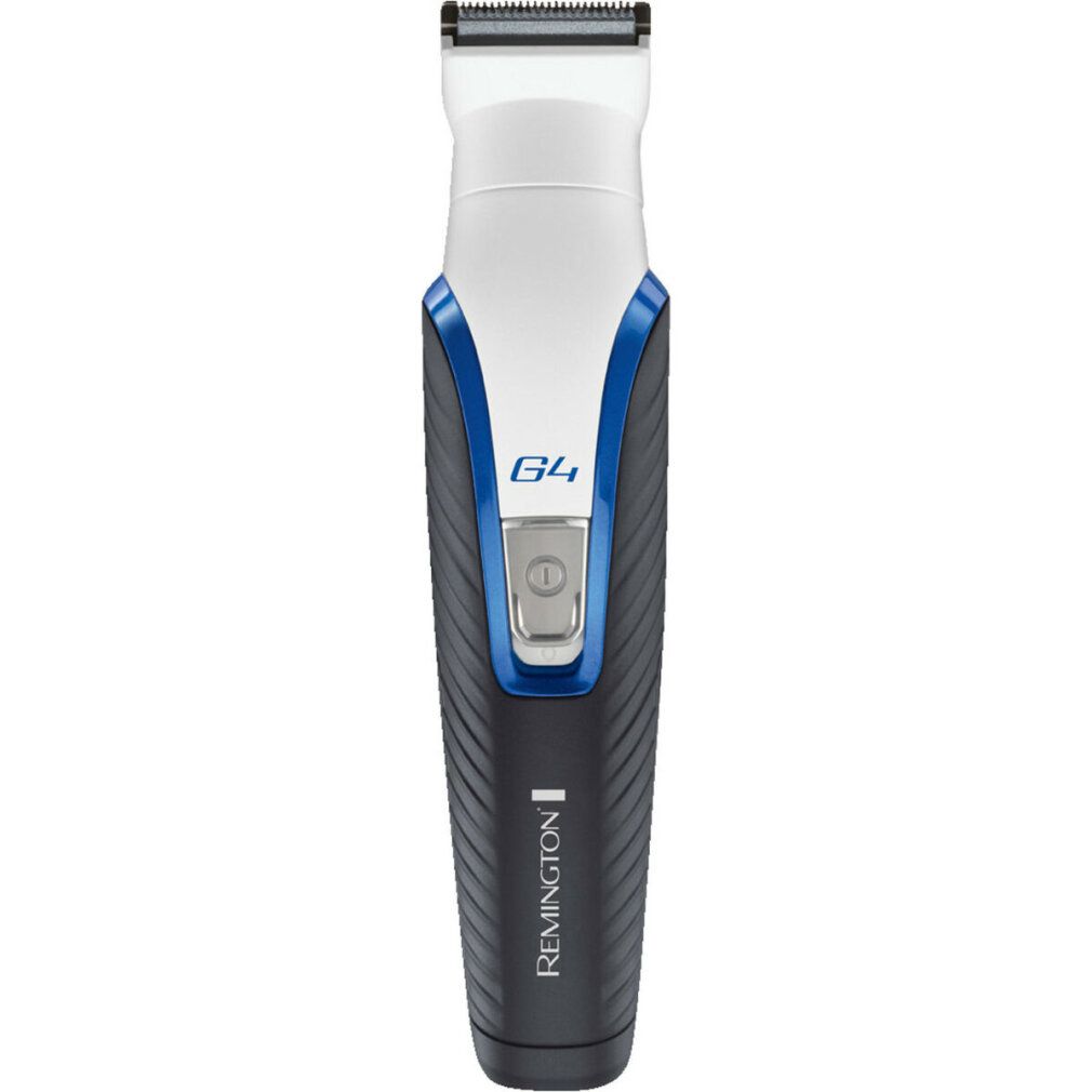 Tagliacapelli/barba nero, bianco e blu. Logo G4 e scritta Remington. Pulsante on/off. Testina di taglio in alto.