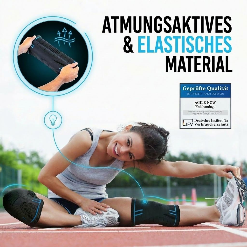 Donna che si allunga con ginocchiera. Materiale traspirante ed elastico. Qualità certificata.