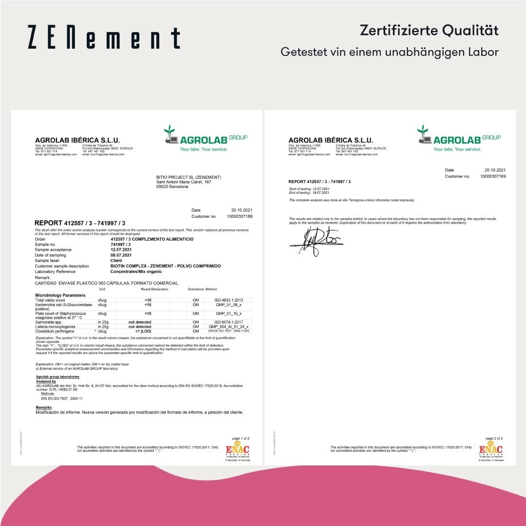 Due pagine di un rapporto di laboratorio. Testo: Qualità certificata. Testato da un laboratorio indipendente. Dettagli degli ingredienti e risultati delle analisi.