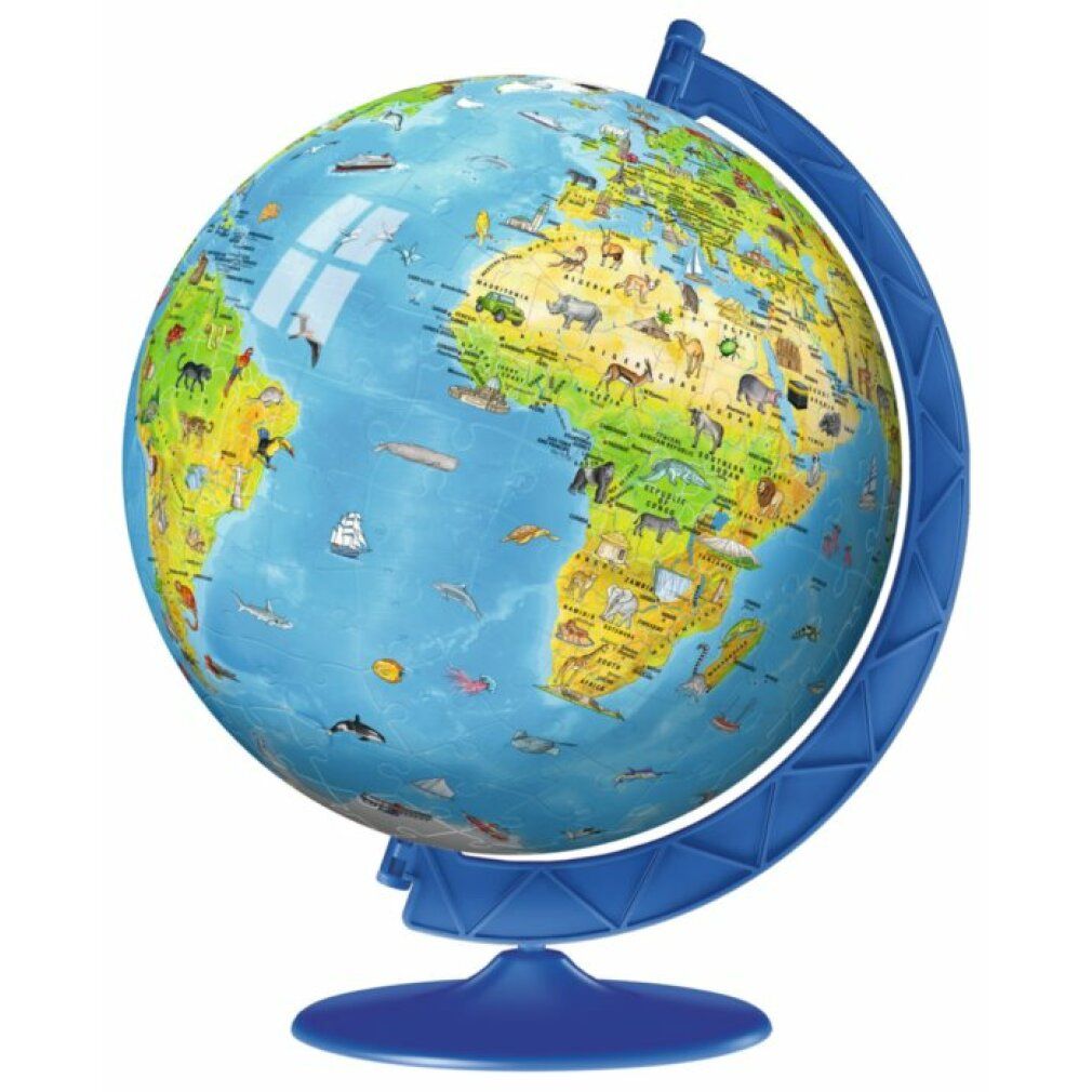 Globo blu con illustrazioni di animali. Continenti e oceani colorati. Il globo è posto su un supporto blu.