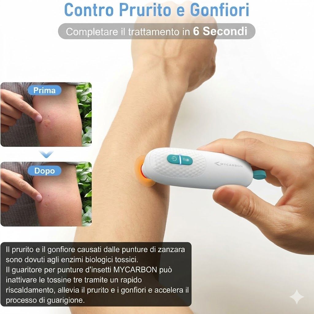 Dispositivo bianco ovale su braccio. Immagini prima/dopo. Scritta: MYCARBON. Contro prurito e gonfiori.