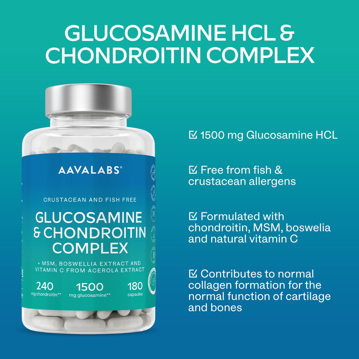 Aavalabs Glucosamina HCL & Condroitina Complex capsule. Flacone con etichetta blu. Contiene 180 capsule.