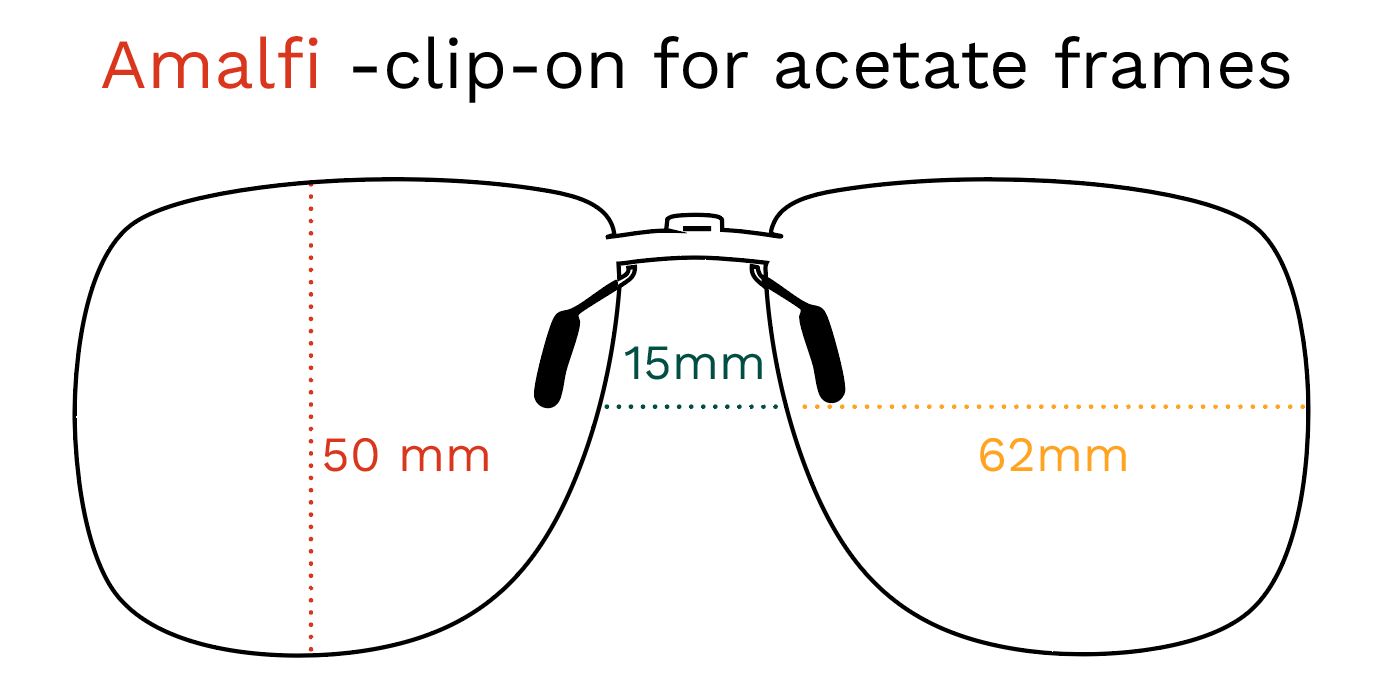 Schizzo di clip-on per montature in acetato. Misure: 50mm, 62mm, 15mm. Nome prodotto: Amalfi.