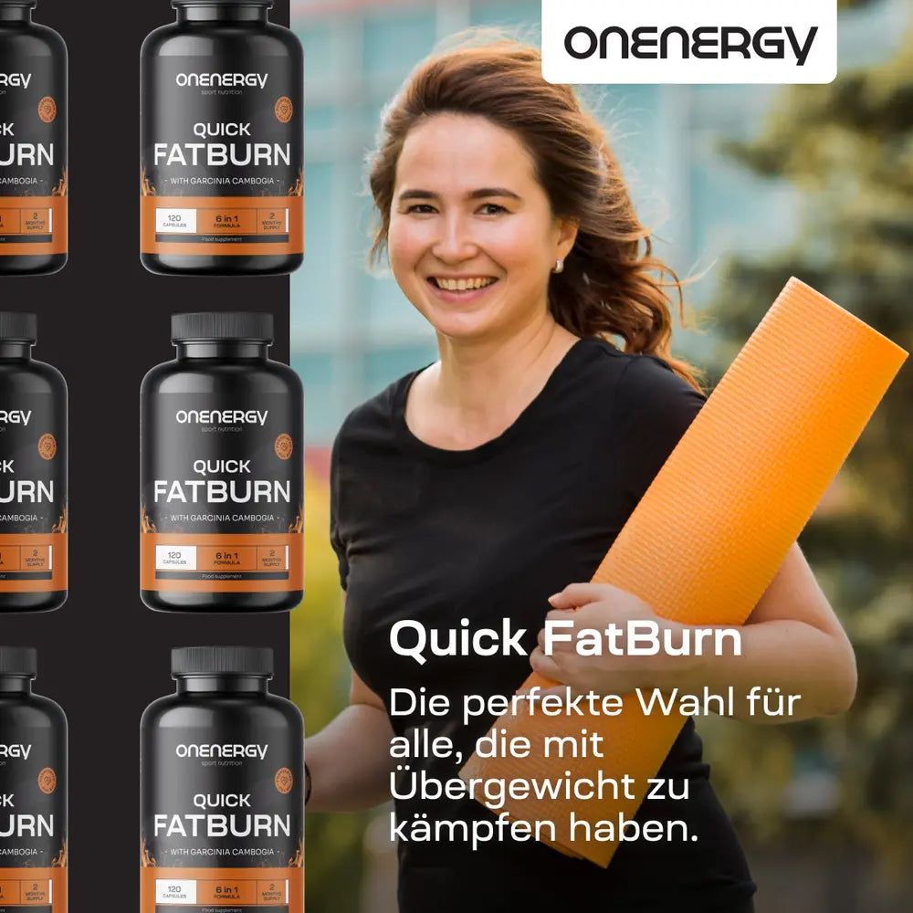 Donna con tappetino yoga, circondata da flaconi "OnEnergy Quick FatBurn". Testo: "La scelta perfetta per tutti coloro che lottano con i chili in eccesso."