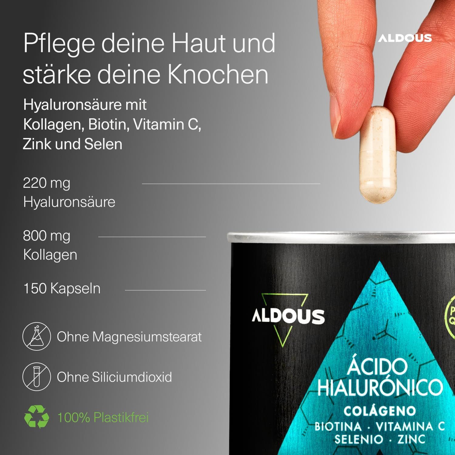 Capsula Aldous tenuta da una mano. Informazioni sugli ingredienti e 150 capsule.
