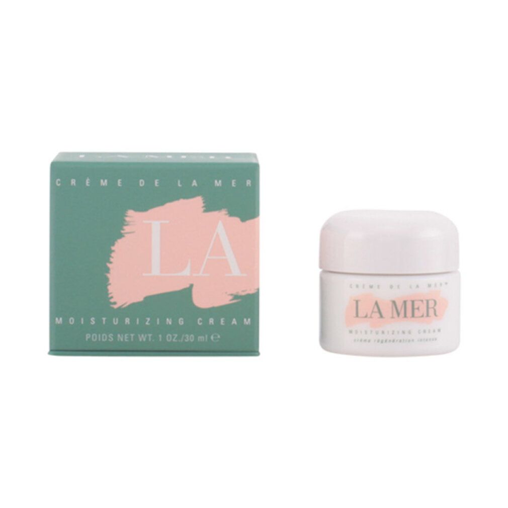 Vasetto di crema e scatola. Vasetto: Crème de la Mer, LA MER, moisturizing cream. Scatola: LA MER, POIDS NET WT. 1 OZ./30 ml.
