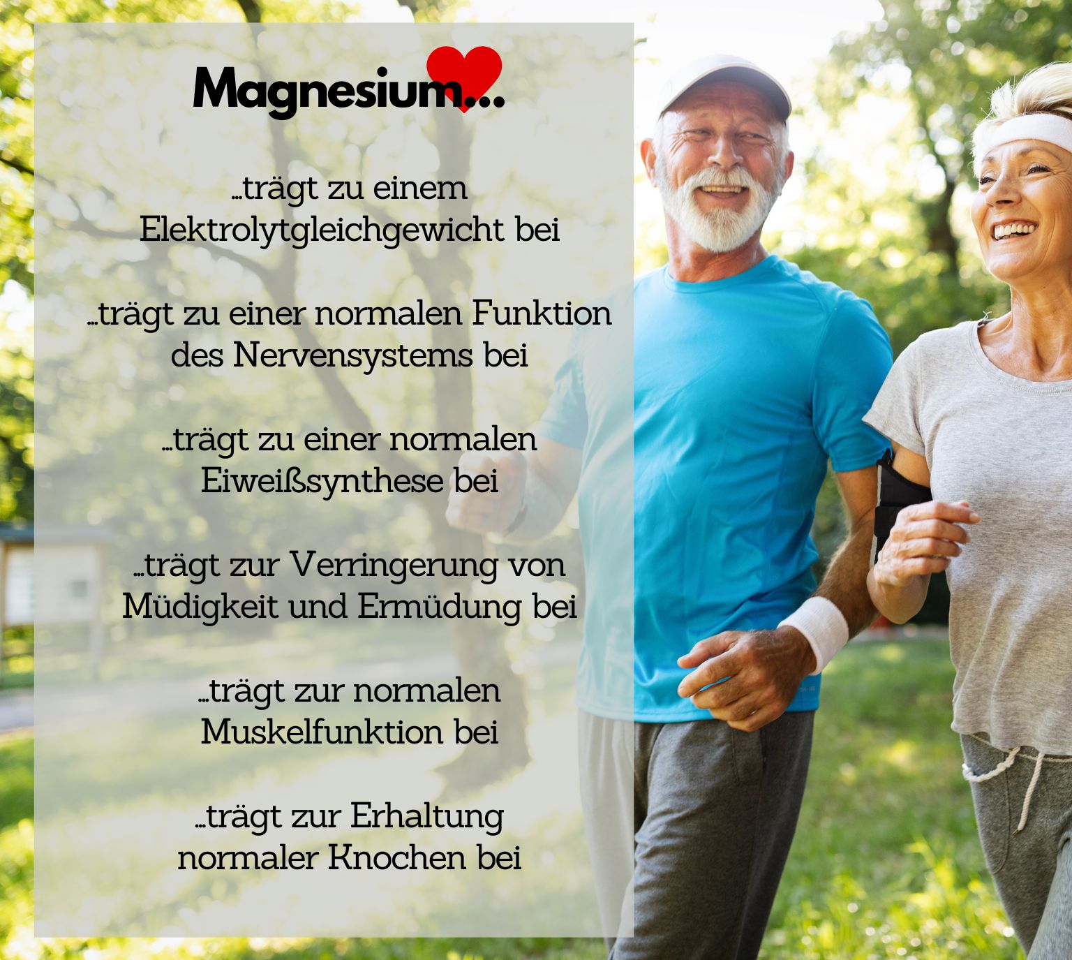 Due anziani fanno jogging. Testo: Il magnesio contribuisce all'equilibrio elettrolitico, alla funzione nervosa, ai muscoli, alle ossa.