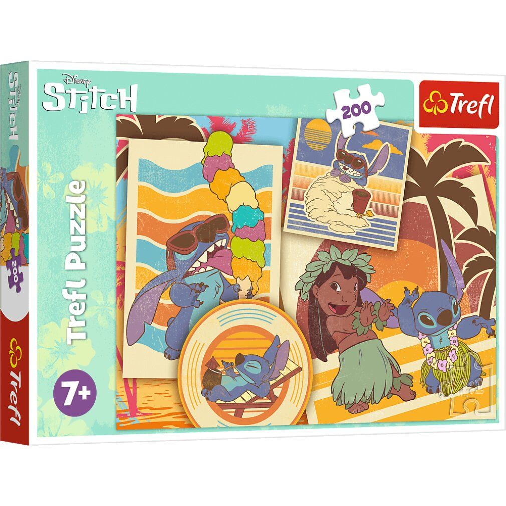 Scatola di puzzle con motivo Lilo & Stitch. La confezione mostra il design del puzzle finito. Marchio Trefl, 200 pezzi, dai 7 anni.