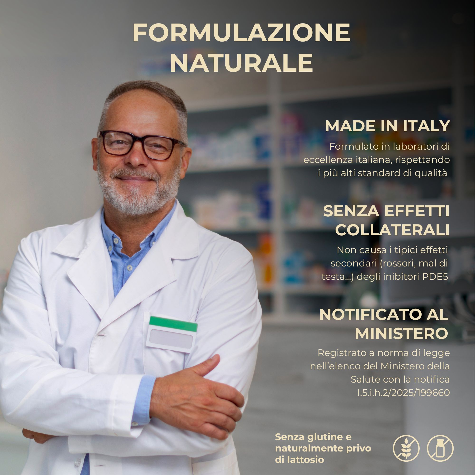 Uomo in camice bianco, occhiali, braccia conserte. Testo su formulazione naturale, Made in Italy, senza effetti collaterali.