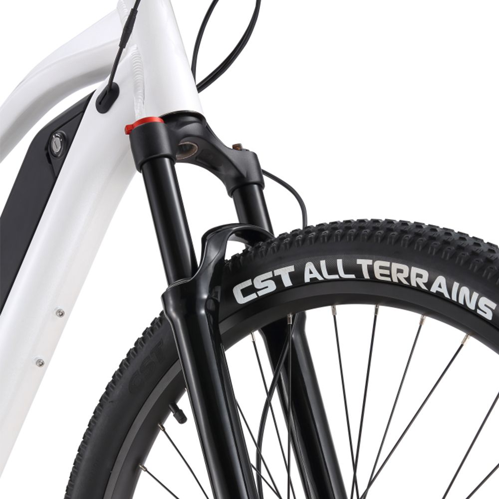 Primo piano della ruota anteriore di una e-MTB bianca. Pneumatici con scritta CST ALL TERRAINS.