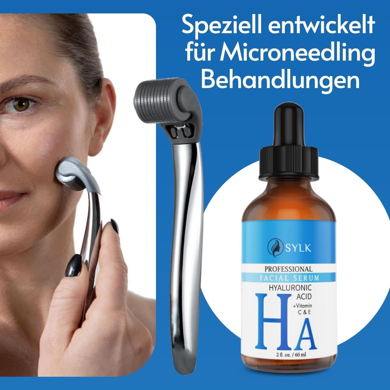 Donna con dermaroller. Accanto, flacone di siero con pipetta. Testo: Appositamente progettato per trattamenti di microneedling.