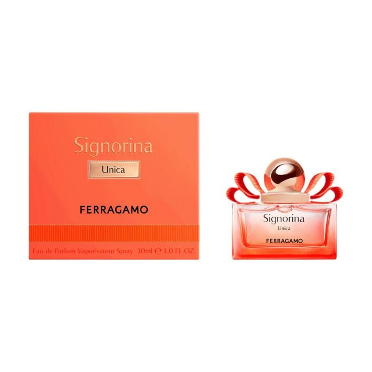Flacone e confezione Signorina Unica EdP Nat. Spray. Flacone rettangolare, liquido rosa, sfumatura rossa, scritta Signorina Unica FERRAGAMO.
