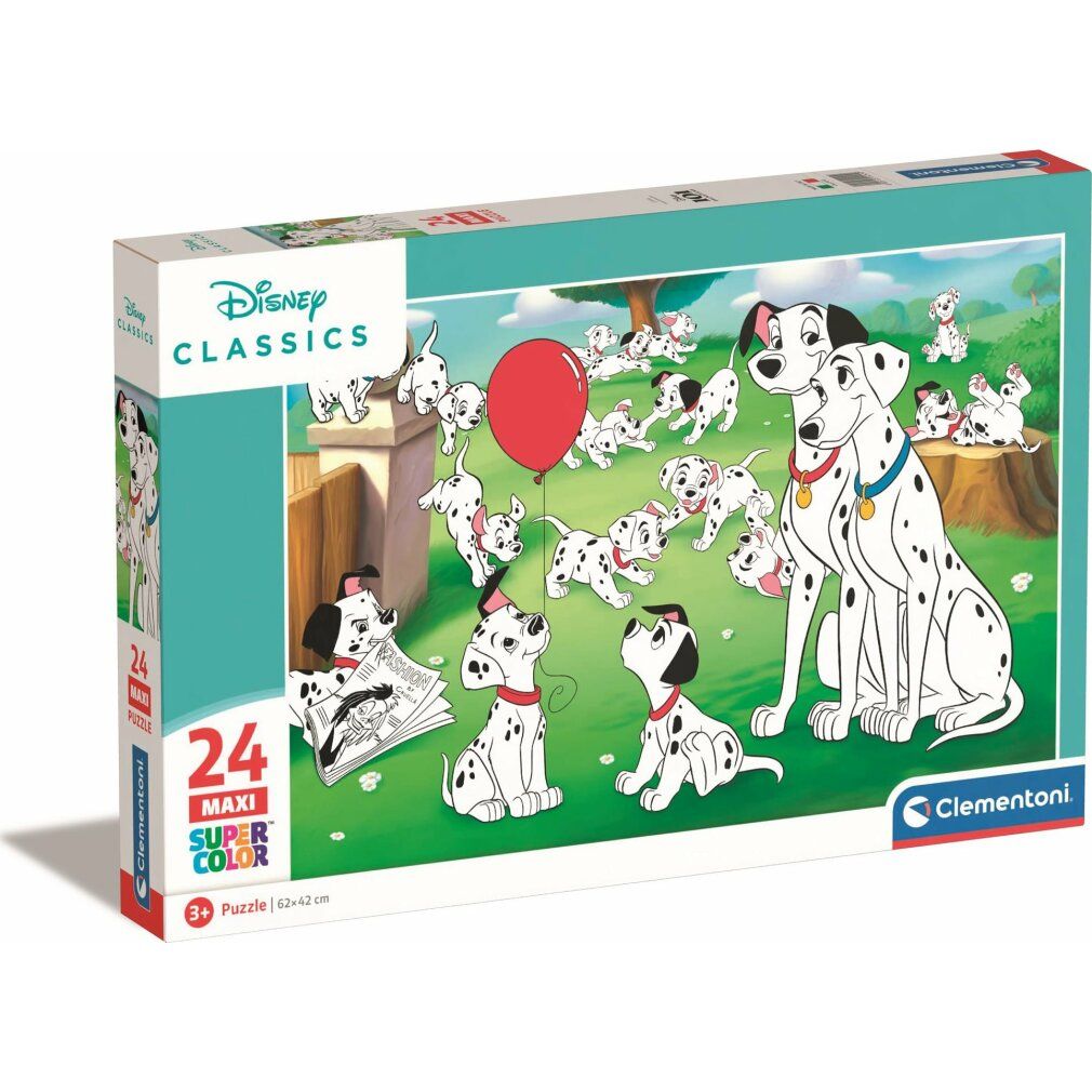 Clementoni Puzzle Disney: 101 Dalmatiner maxi, 24 pezzi. La confezione mostra il motivo del puzzle. Logo Disney Classics.