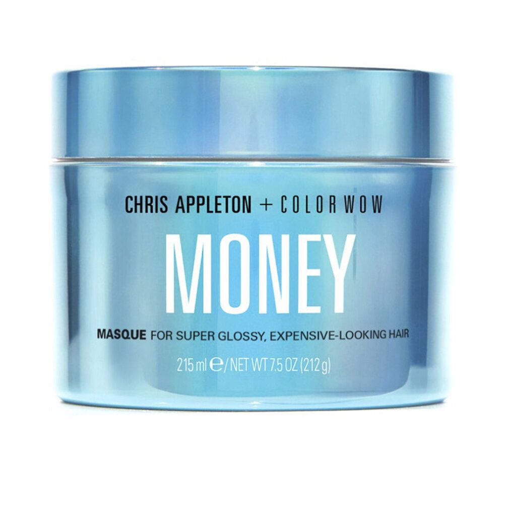 Vaso blu con scritta "CHRIS APPLETON + COLOR WOW MONEY MASQUE". Testo: "MASQUE FOR SUPER GLOSSY, EXPENSIVE-LOOKING HAIR".
