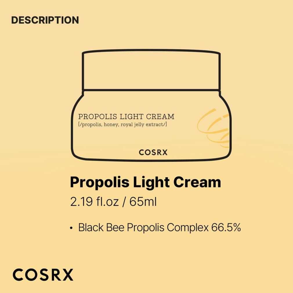 Illustrazione del prodotto. Scritta: PROPOLIS LIGHT CREAM. Marchio: COSRX. Contiene 65ml. Testo: Black Bee Propolis Complex 66.5%.