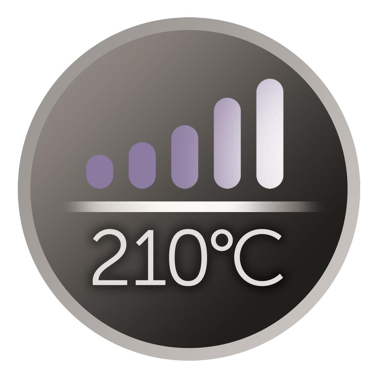 Icona rotonda con indicatore di temperatura. 210°C. Barre indicano la temperatura.