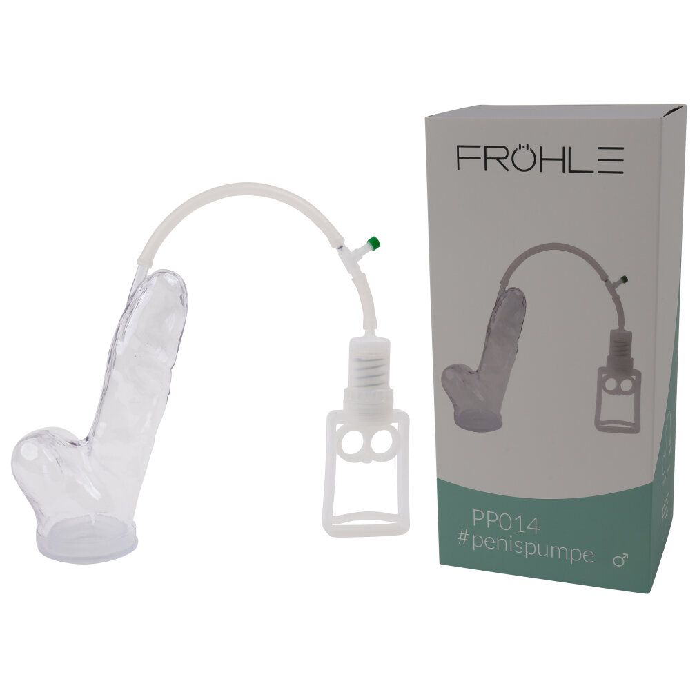 Confezione prodotto e set pompa per pene. Scritta: FRÖHLE, PP014 #penispumpe ♂. Pompa trasparente, elemento bianco.