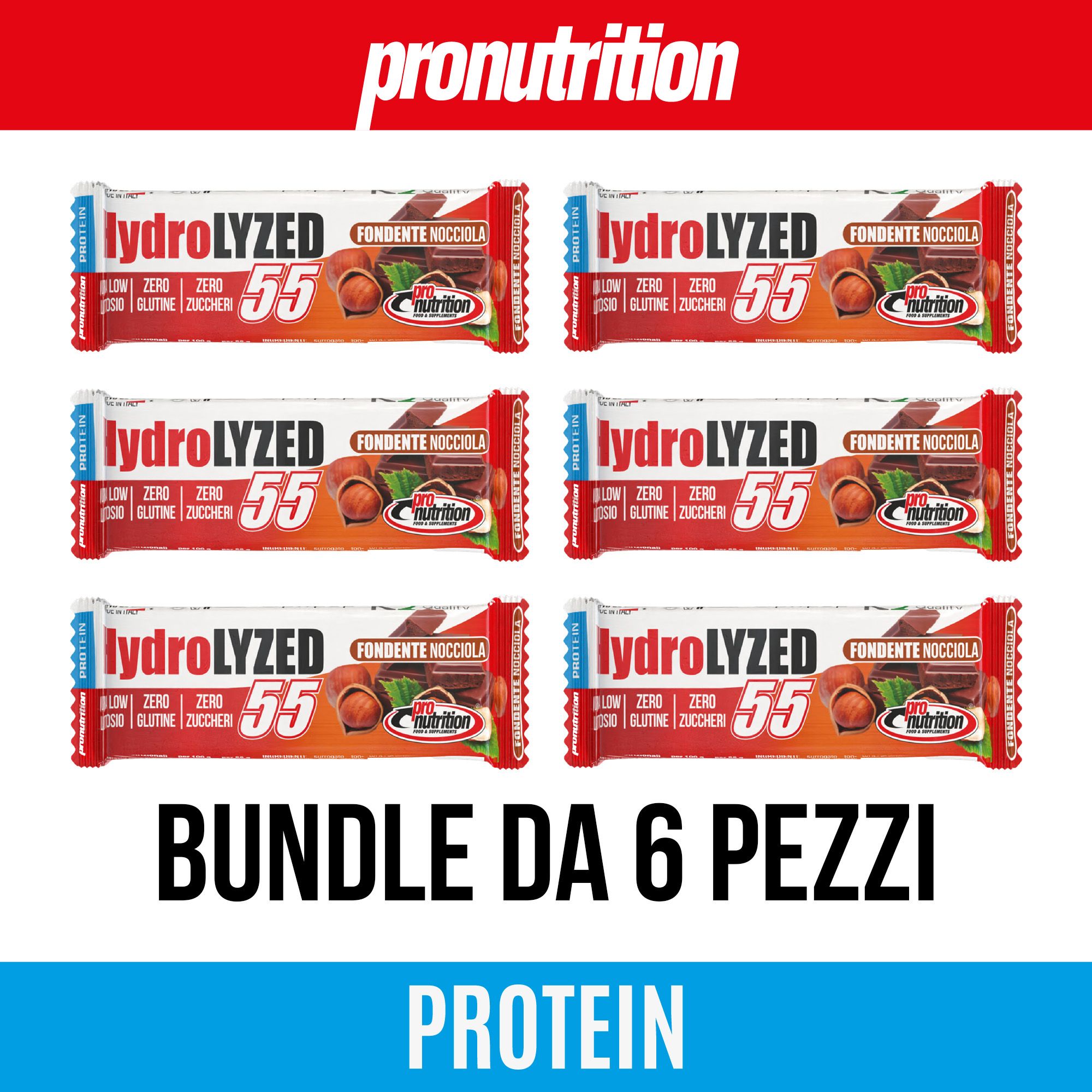 Sei barrette proteiche Nocciola. Confezione rossa e bianca. Scritta: Hydrolyzed, Zero, Gluten, Zucker. Bundle da 6 pezzi.
