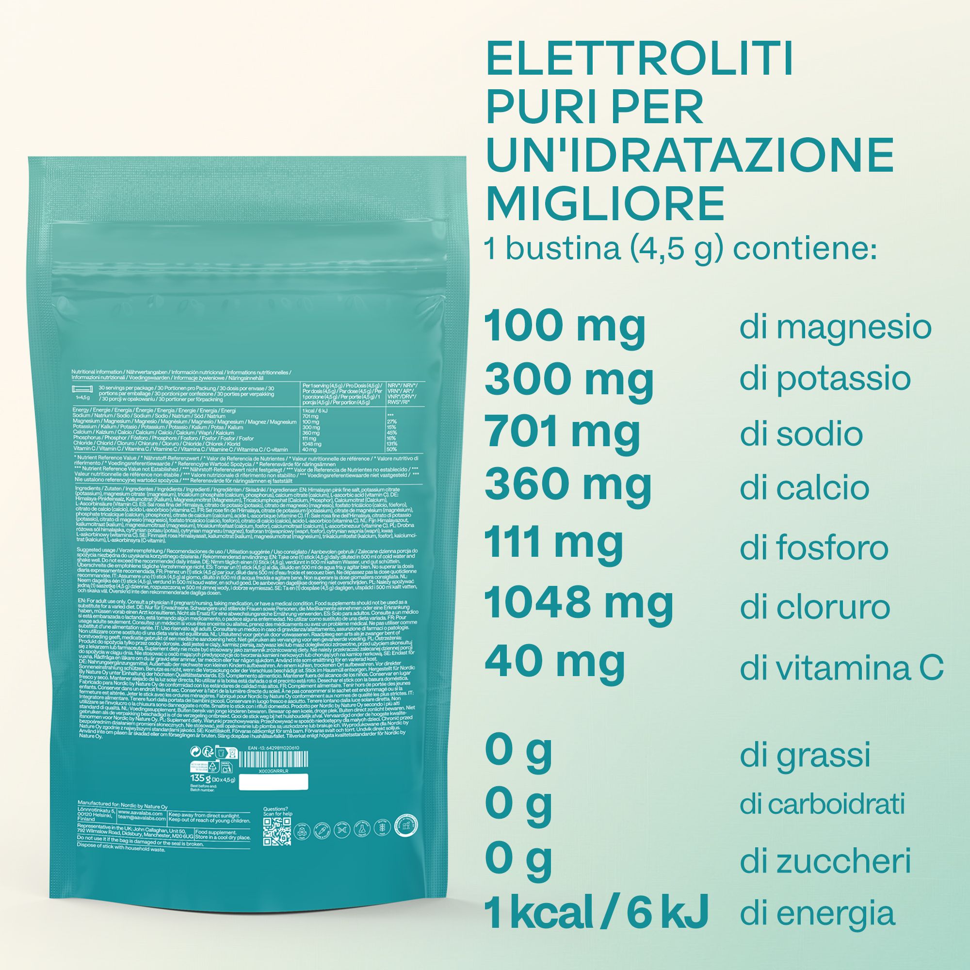 Polvere di elettroliti AAVALABS: informazioni nutrizionali per bustina.
