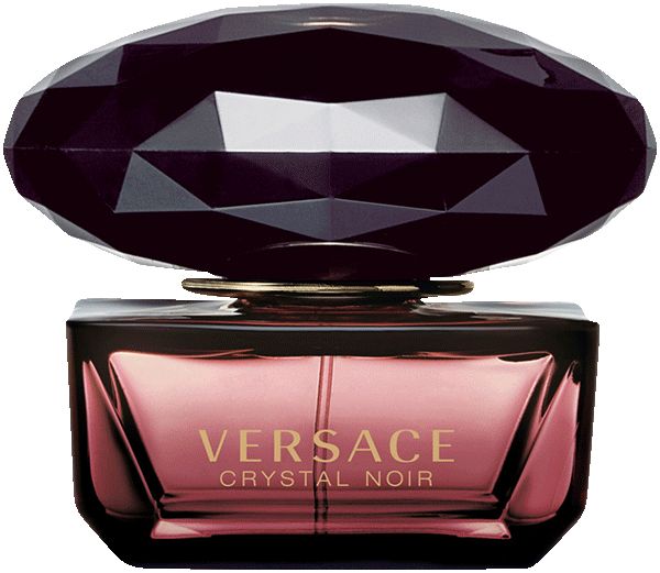 Flacone rosso scuro con tappo sfaccettato. Scritta: VERSACE CRYSTAL NOIR.